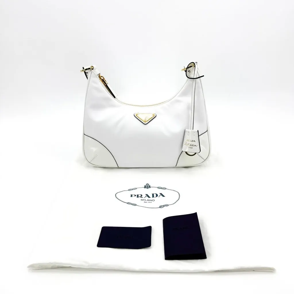 Prada Re-Edition 2002 Nylon and Brushed Leather Shoulder Bag White Gold Gold Polyamide Very good - Back View