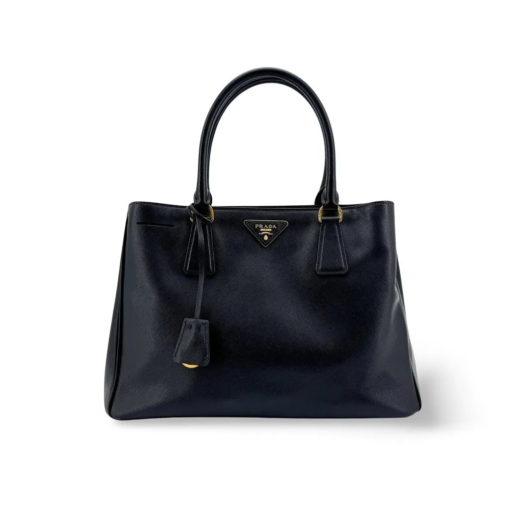 Prada Saffiano Galleria Medium Tote Bag Black Gold Black Leather Good - Front View
