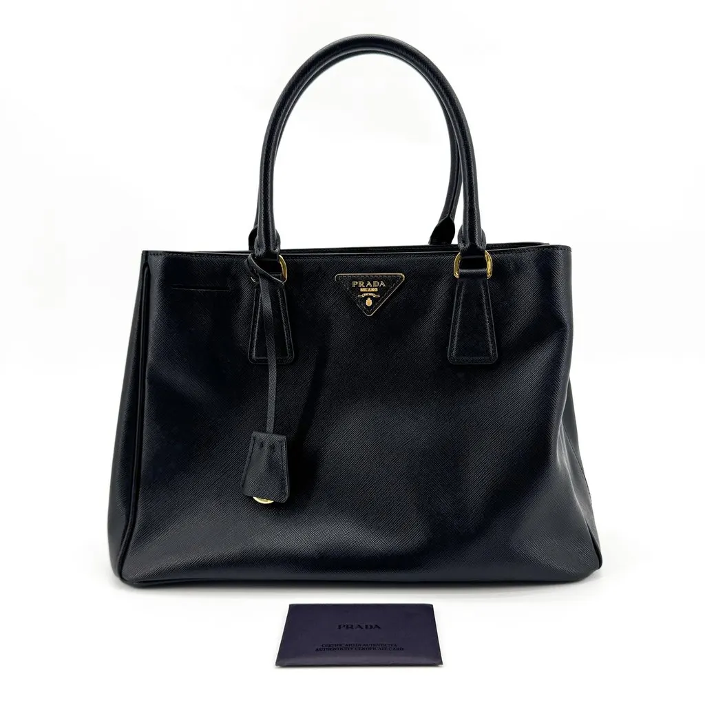 Prada Saffiano Galleria Medium Tote Bag Black Gold Black Leather Good - Back View