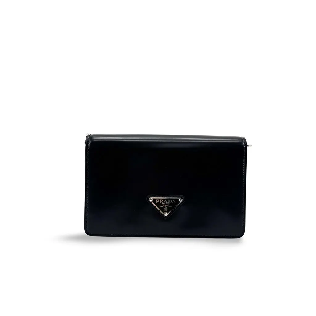 Prada Brushed Leather Mini Shoulder Bag Black Black Leather Good - Front View