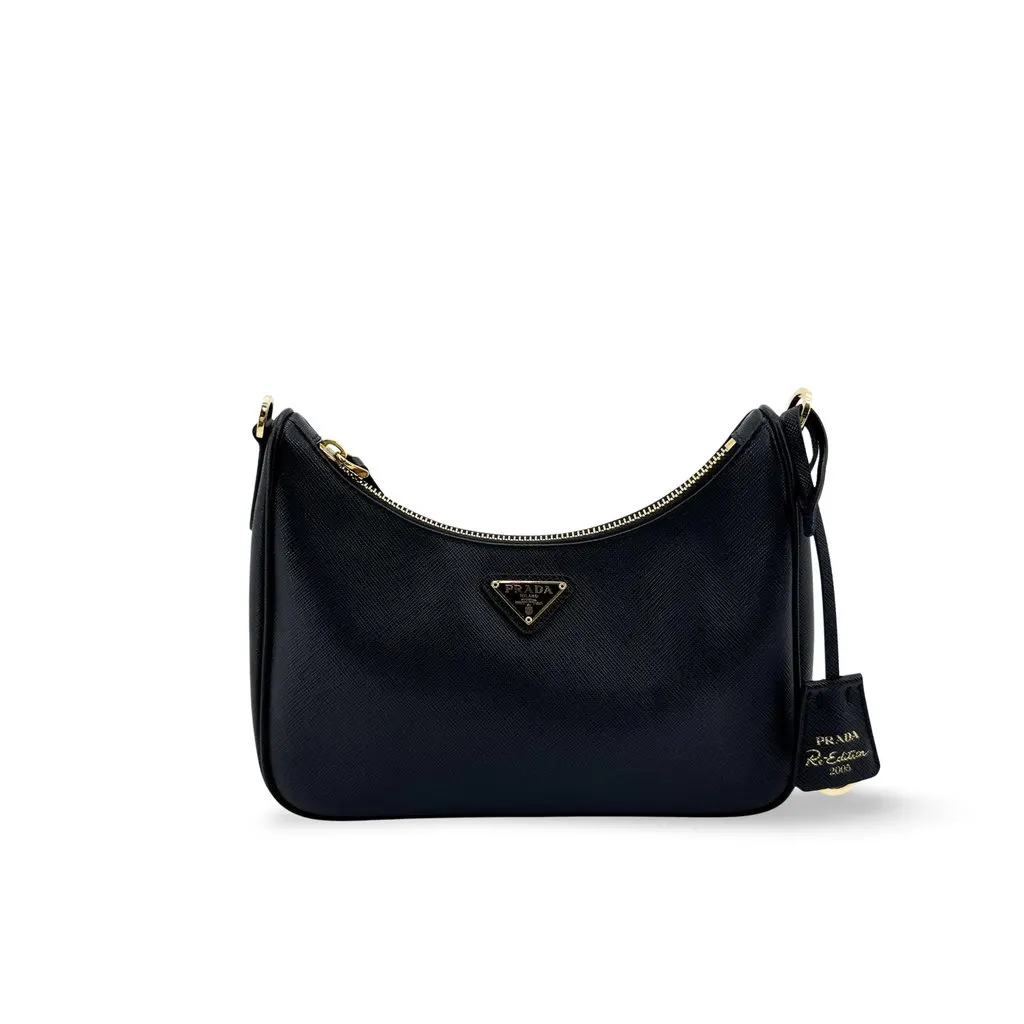 Prada Saffiano Leather Re-Edition 2005 Shoulder Bag Black Gold Hardware Black Leather Good - Front View