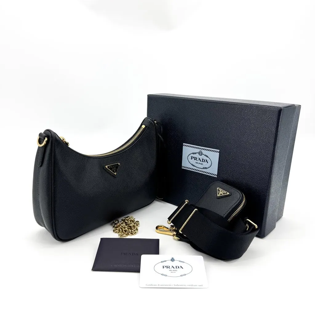 Prada Saffiano Leather Re-Edition 2005 Shoulder Bag Black Gold Hardware Black Leather Good - Back View
