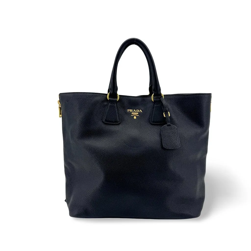 Prada Vitello Daino Large Tote Bag Black Gold Hardware Black Leather Good - Front View