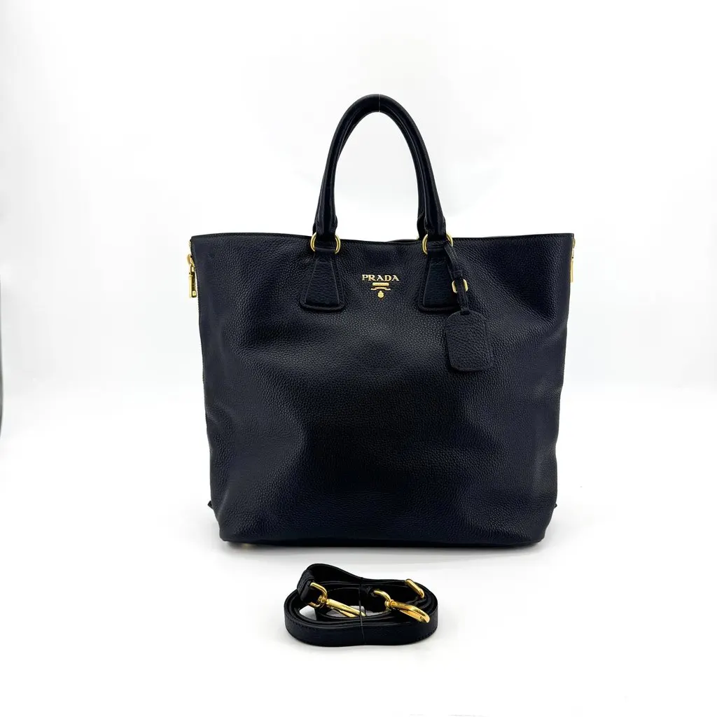 Prada Vitello Daino Large Tote Bag Black Gold Hardware Black Leather Good - Back View