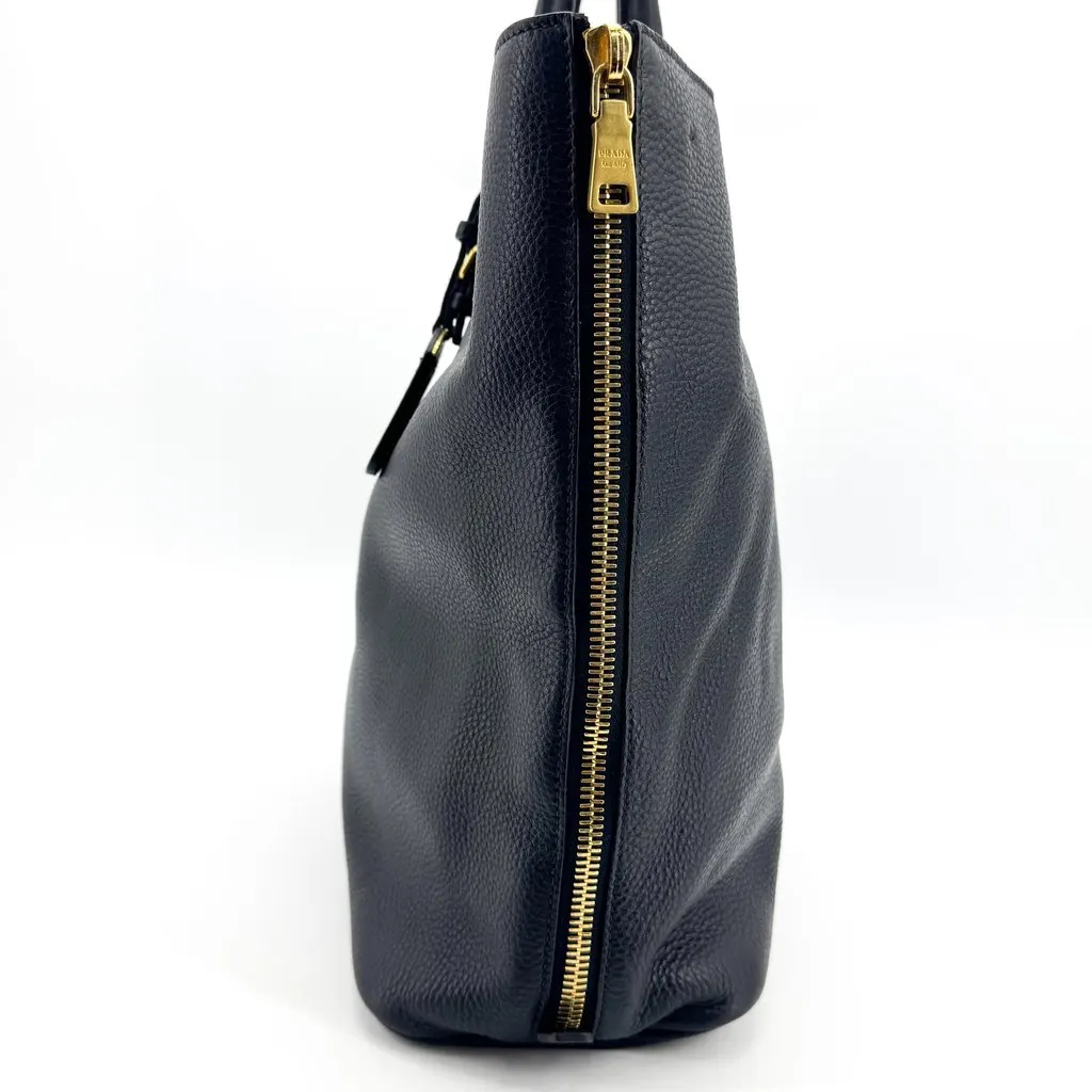 Prada Vitello Daino Large Tote Bag Black Gold Hardware Black Leather Good - Model View