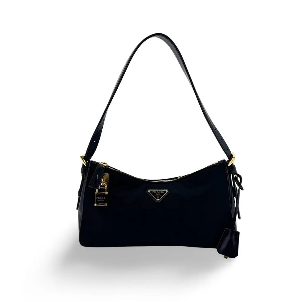 Prada Re-Nylon Shoulder Bag Black Gold Hardware Black Polyamide Very good - Front View