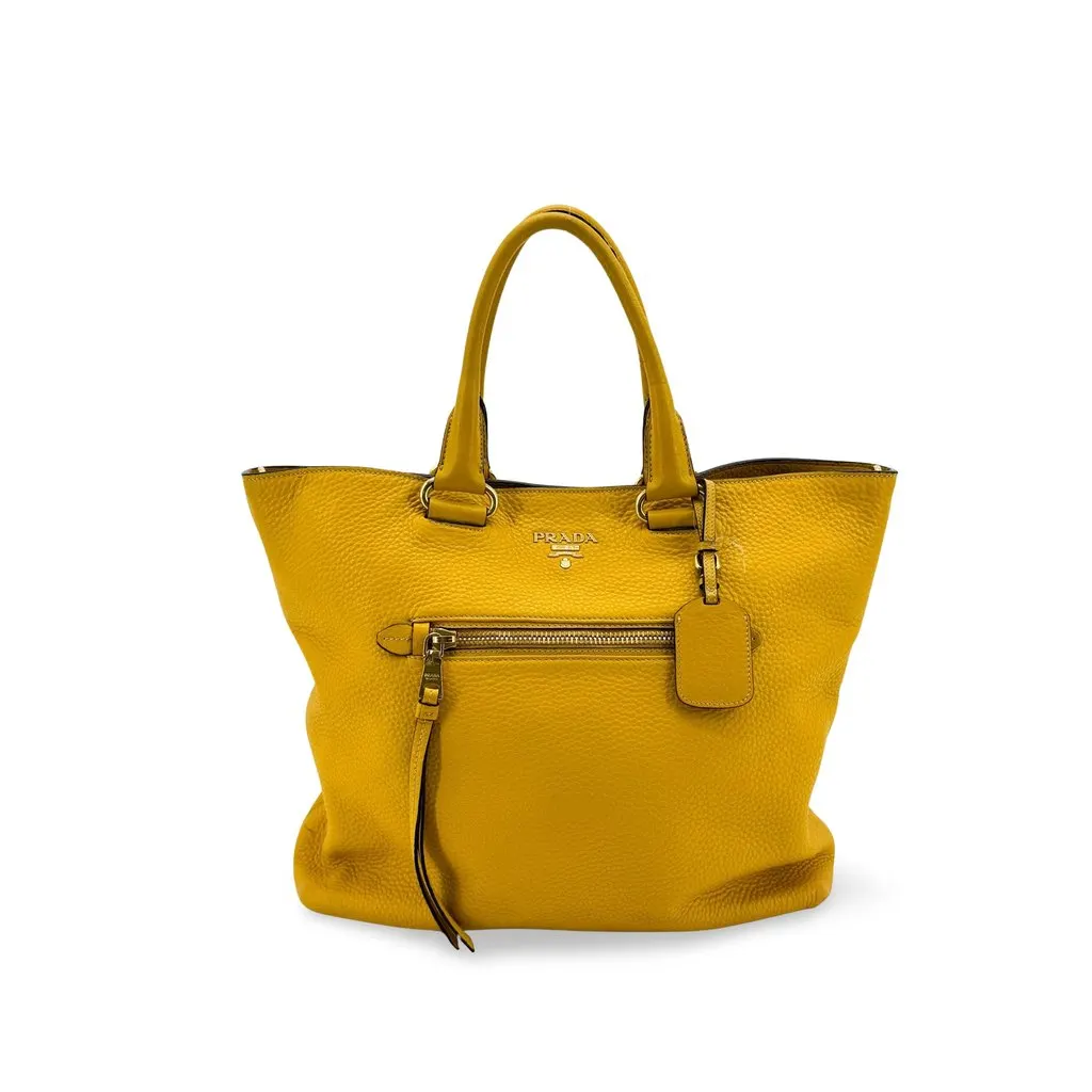 Prada Vitello Daino Front Zip Tote Bag Yellow Yellow Leather Good - Front View