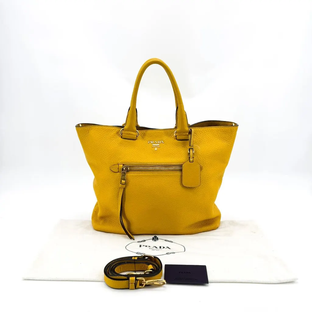 Prada Vitello Daino Front Zip Tote Bag Yellow Yellow Leather Good - Back View