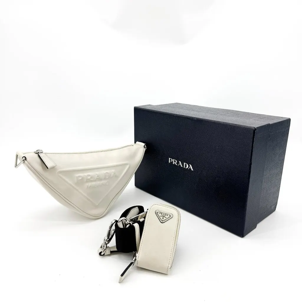 Prada Triangle Leather Shoulder Bag White White Leather Good - Back View