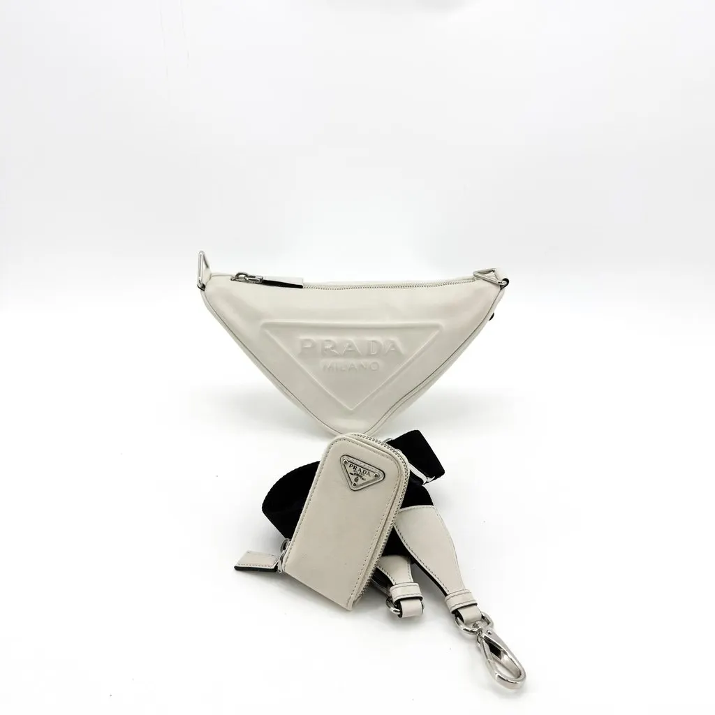 Prada Triangle Leather Shoulder Bag White White Leather Good - Inside View