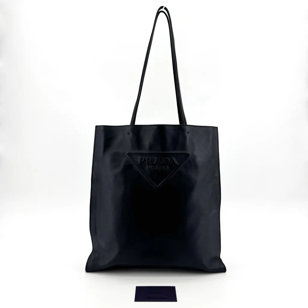 Prada Triangle Logo Leather Tote Bag Black Black Leather Good - Back View