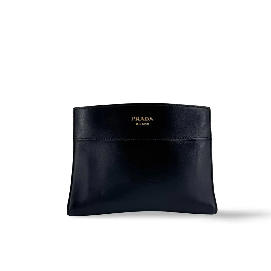 Prada Metal Logo Leather Clutch Bag Black Black Leather Good - Front View