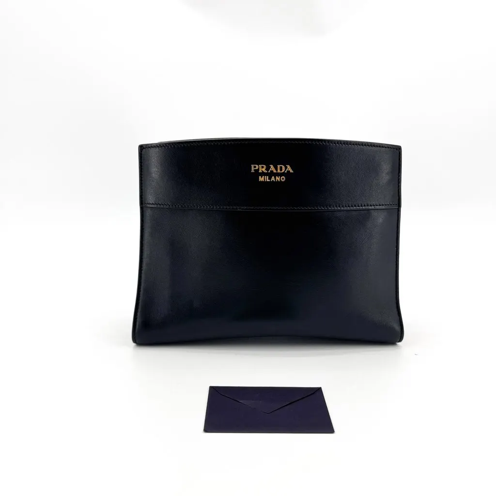 Prada Metal Logo Leather Clutch Bag Black Black Leather Good - Back View