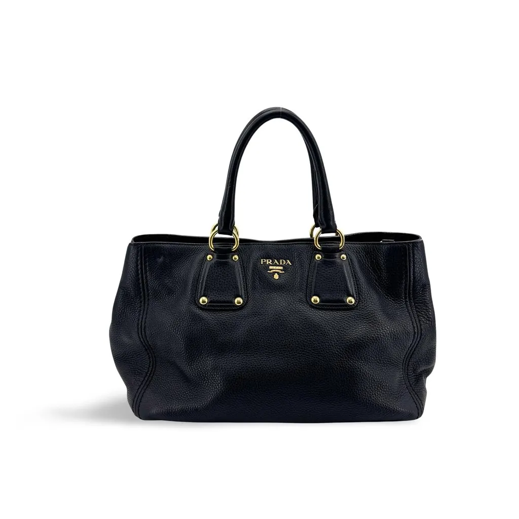 Prada Vitello Daino Leather Tote Bag Black Gold Black Leather Very good - Front View