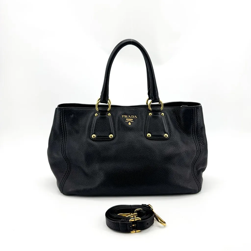 Prada Vitello Daino Leather Tote Bag Black Gold Black Leather Very good - Back View