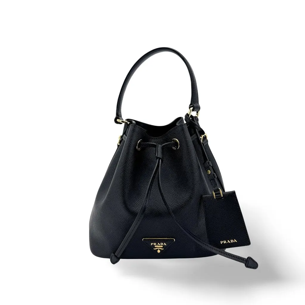 Prada Saffiano Leather Bucket Bag Black Gold Black Leather Good - Front View
