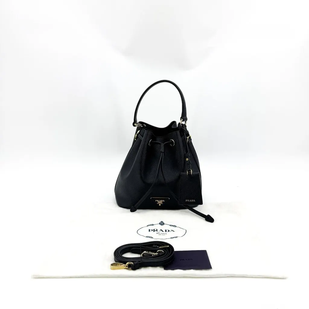 Prada Saffiano Leather Bucket Bag Black Gold Black Leather Good - Back View