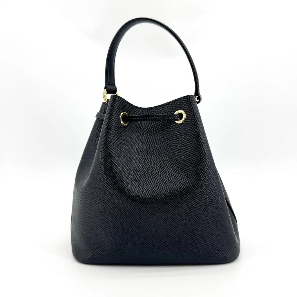 Prada Saffiano Leather Bucket Bag Black Gold Black Leather Good - Inside View