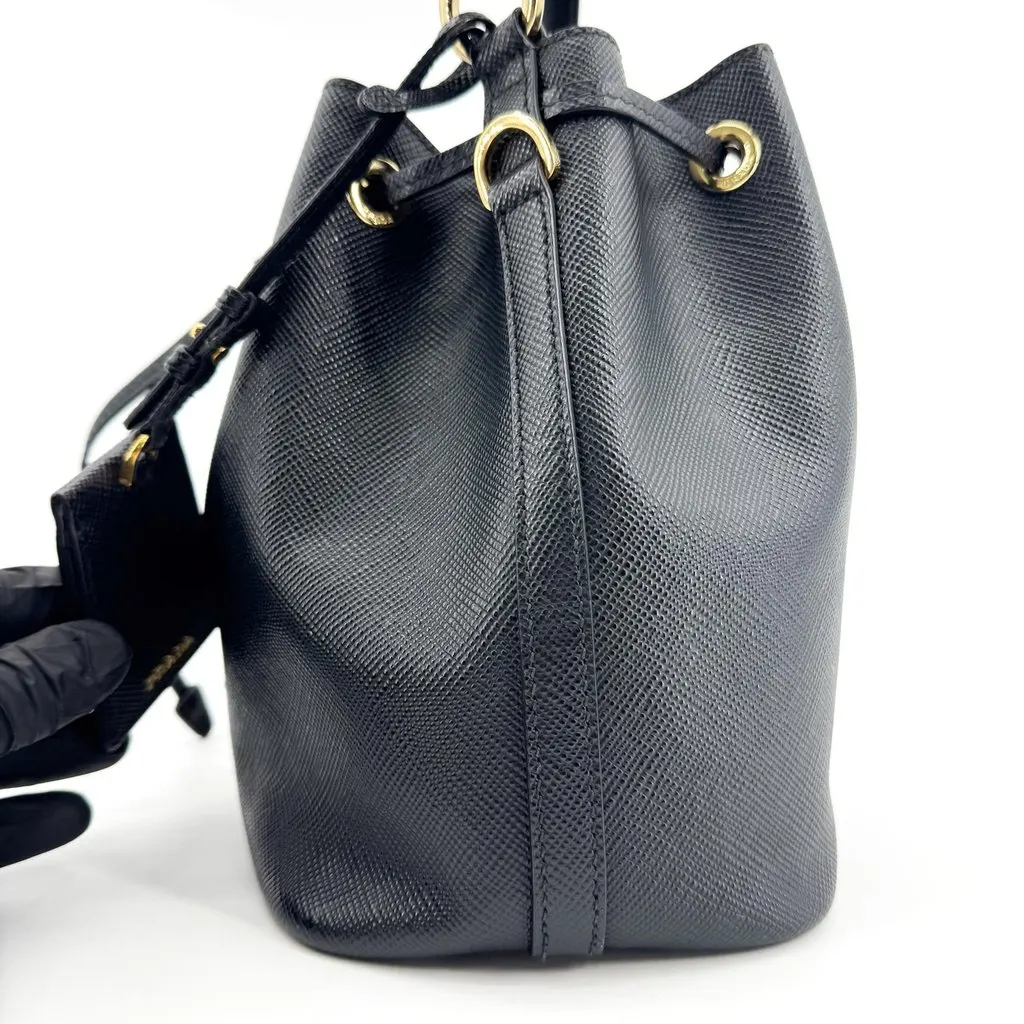 Prada Saffiano Leather Bucket Bag Black Gold Black Leather Good - Model View