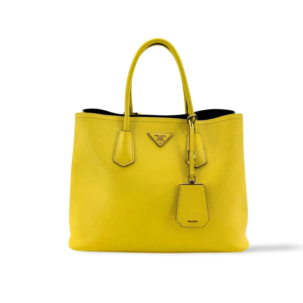 Prada Saffiano Cuir Medium Double Bag Yellow Yellow Leather Good - Front View