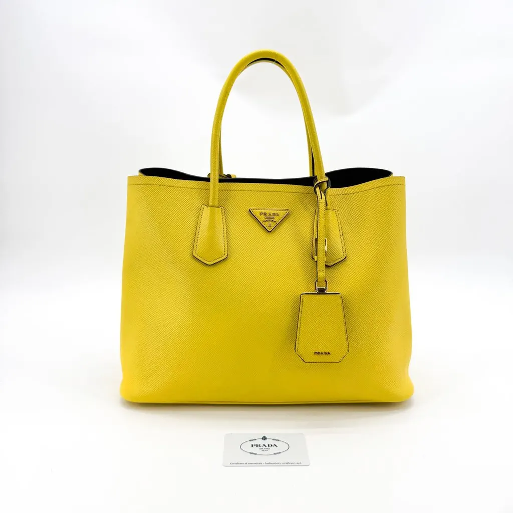 Prada Saffiano Cuir Medium Double Bag Yellow Yellow Leather Good - Back View