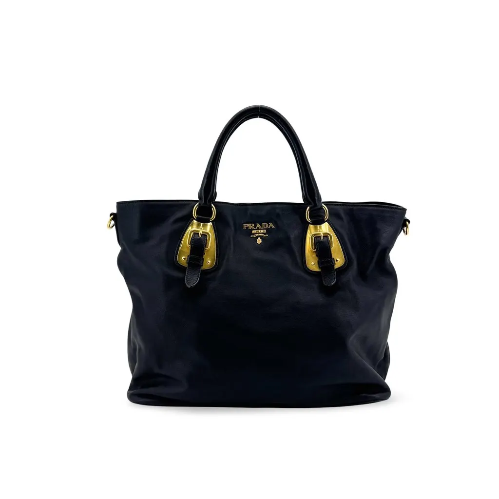 Prada Vitello Daino Buckle Tote Bag Black Gold Hardware Black Leather Good - Front View