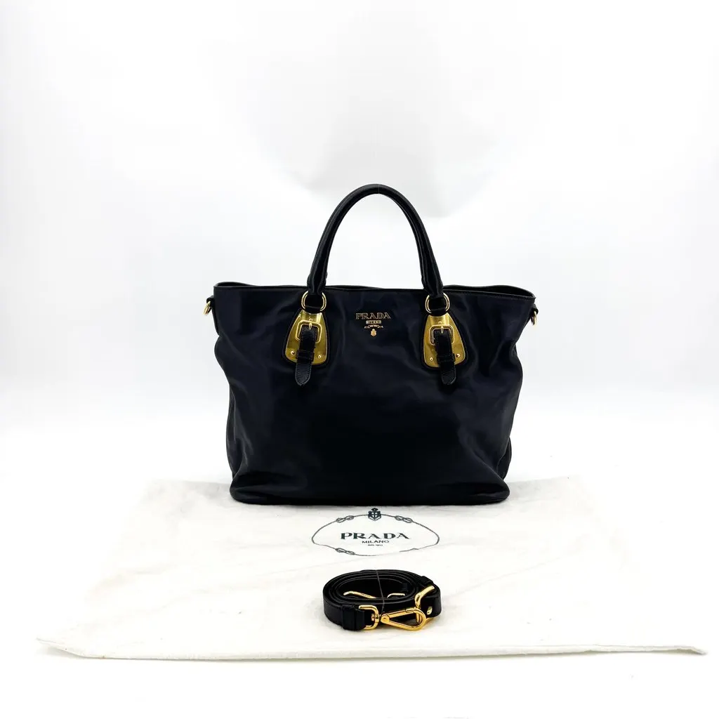 Prada Vitello Daino Buckle Tote Bag Black Gold Hardware Black Leather Good - Back View