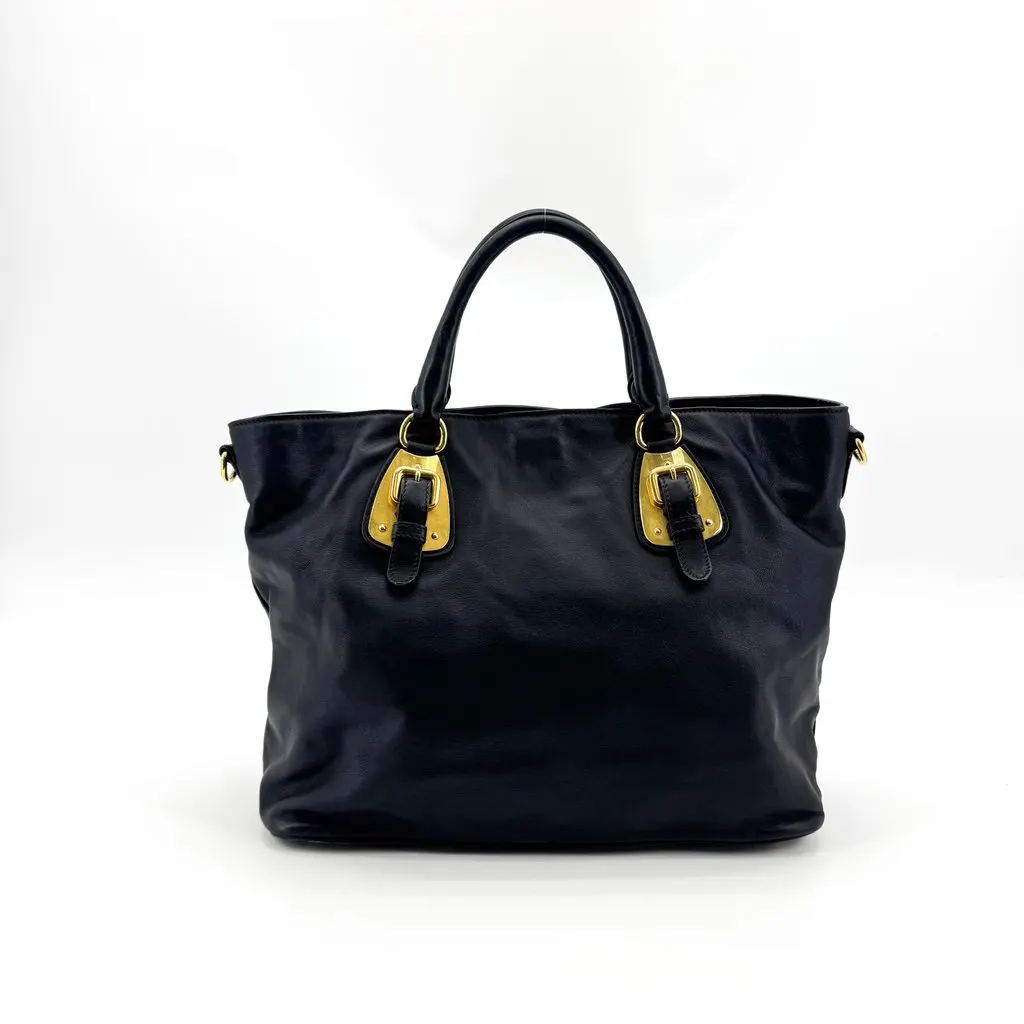 Prada Vitello Daino Buckle Tote Bag Black Gold Hardware Black Leather Good - Inside View