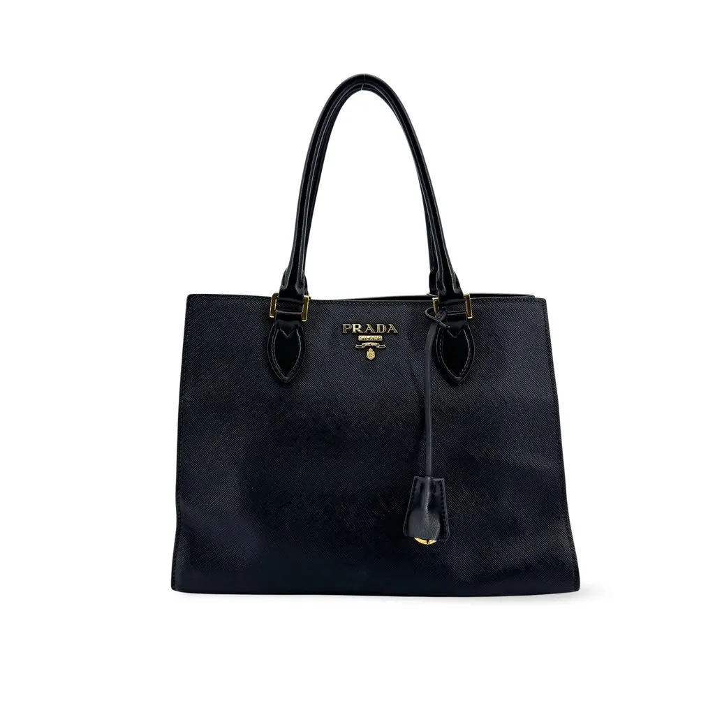 Prada Medium Saffiano Leather Galleria Tote Bag Black Gold Hardware Black Leather Good - Front View