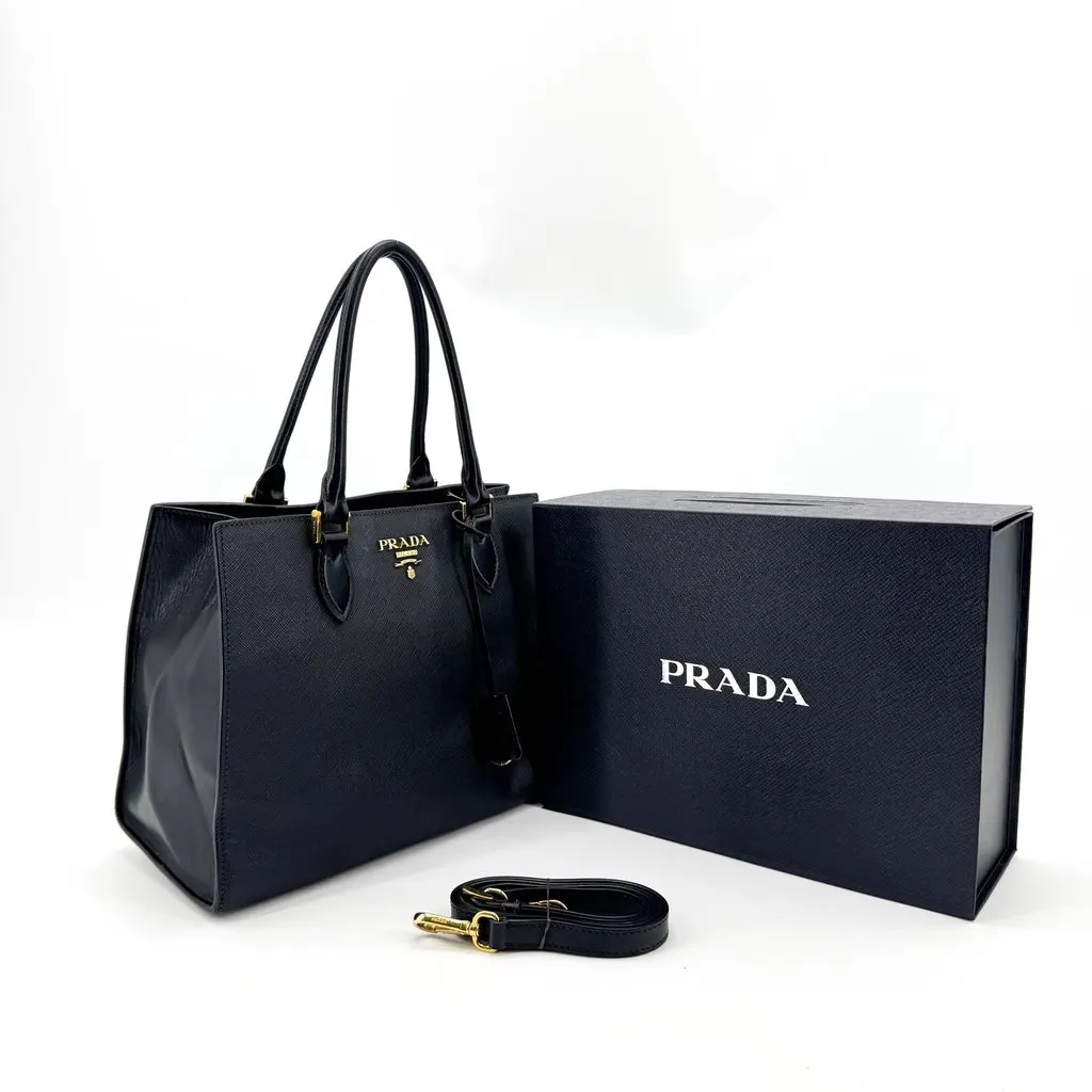 Prada Medium Saffiano Leather Galleria Tote Bag Black Gold Hardware Black Leather Good - Back View