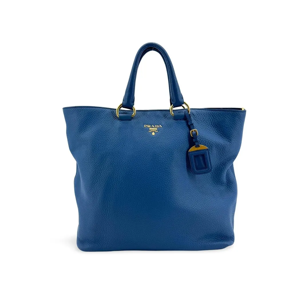 Prada Vitello Daino Leather Tote Bag Blue Gold Hardware Blue Leather Fair - Front View