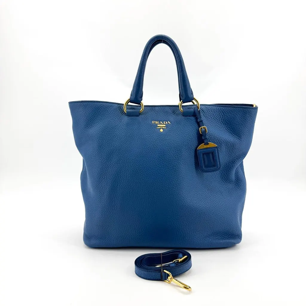 Prada Vitello Daino Leather Tote Bag Blue Gold Hardware Blue Leather Fair - Back View