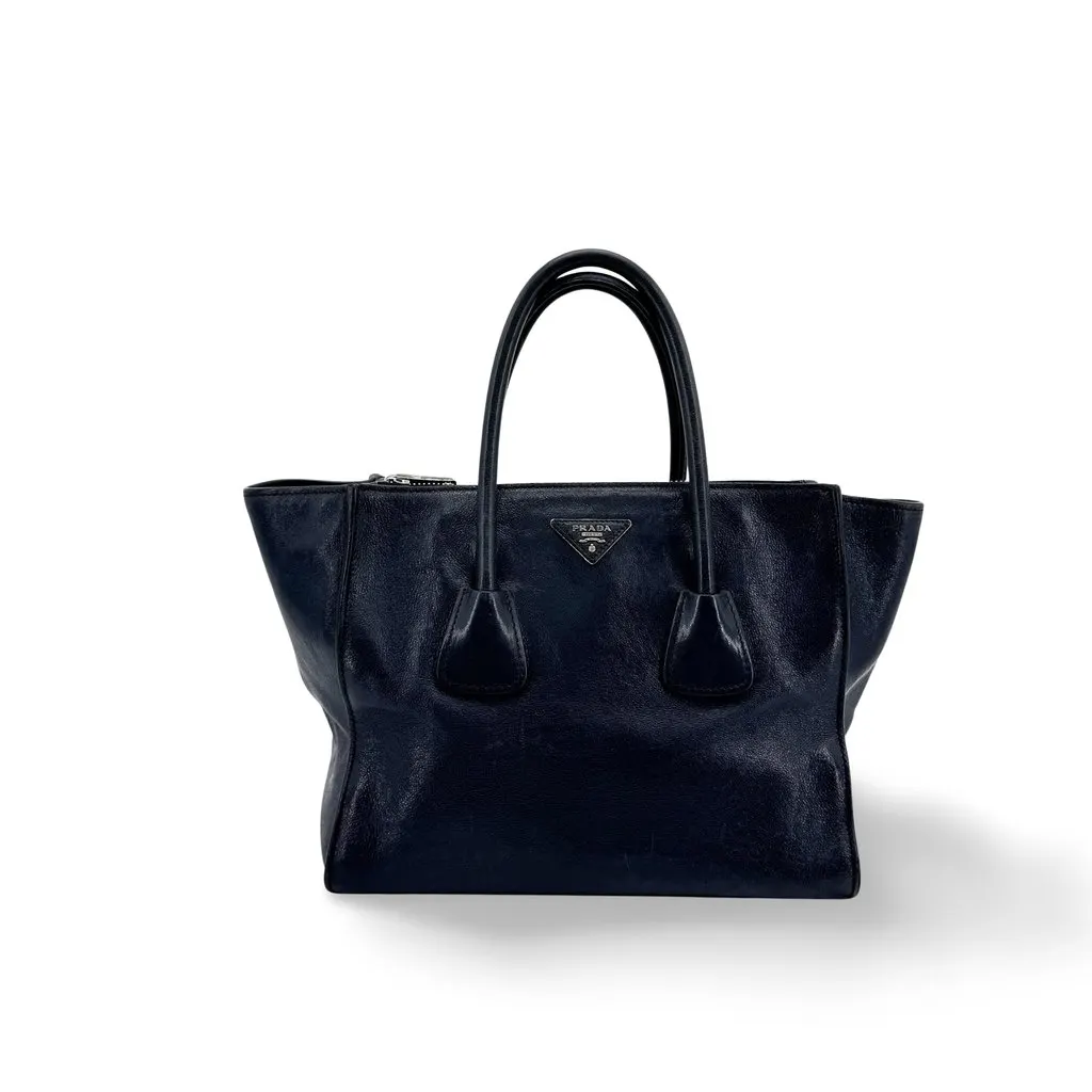 Prada Glace Calf Leather Tote Bag Navy Navy Leather Good - Front View