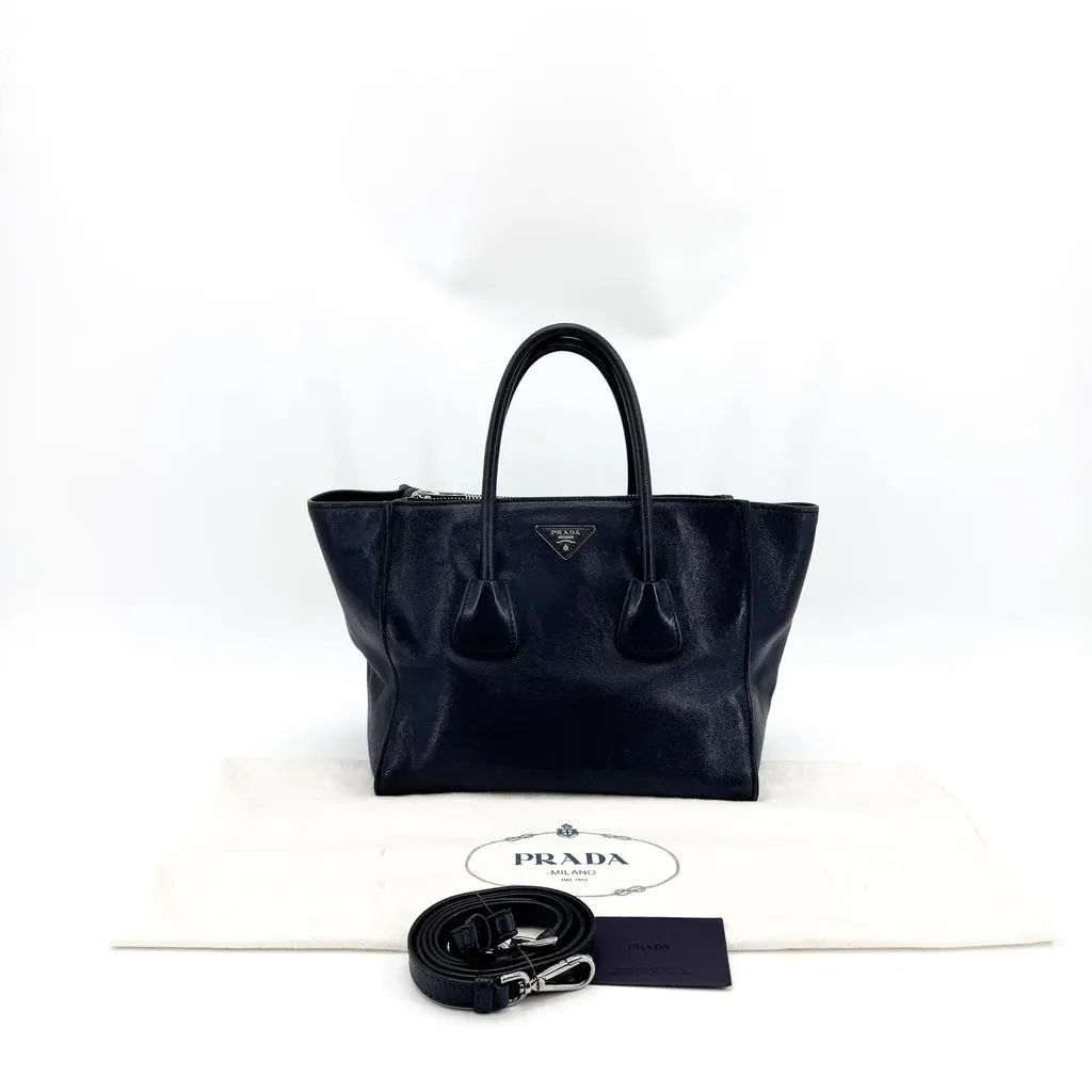 Prada Glace Calf Leather Tote Bag Navy Navy Leather Good - Back View