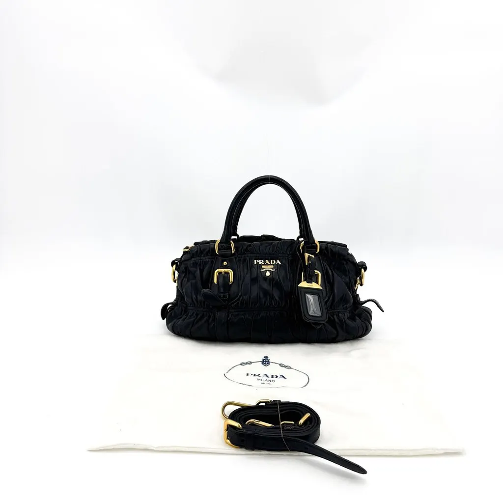 Prada Nappa Gaufre Handbag Black Gold Hardware Black Leather Good - Back View