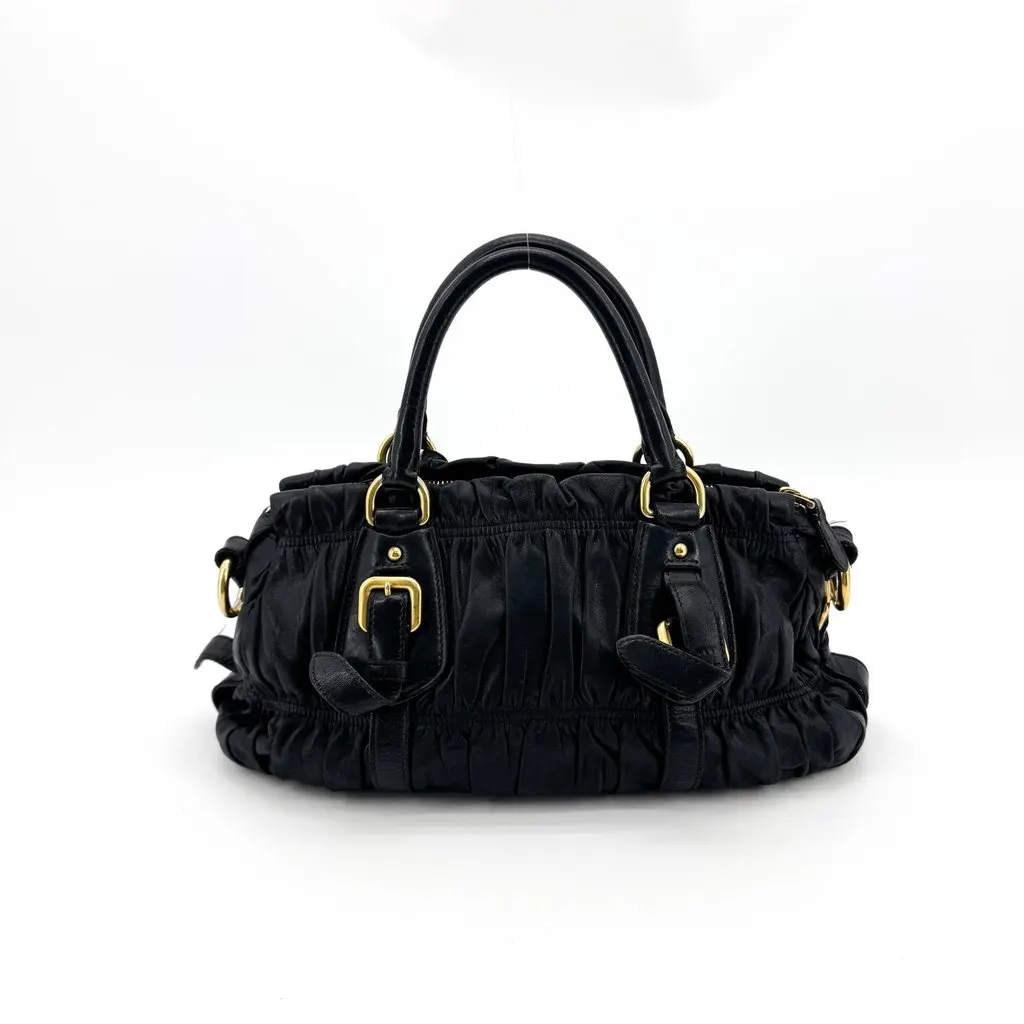 Prada Nappa Gaufre Handbag Black Gold Hardware Black Leather Good - Inside View