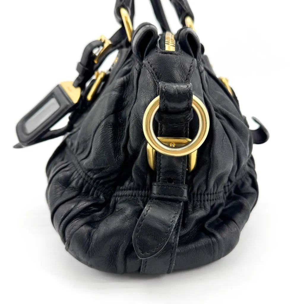 Prada Nappa Gaufre Handbag Black Gold Hardware Black Leather Good - Model View
