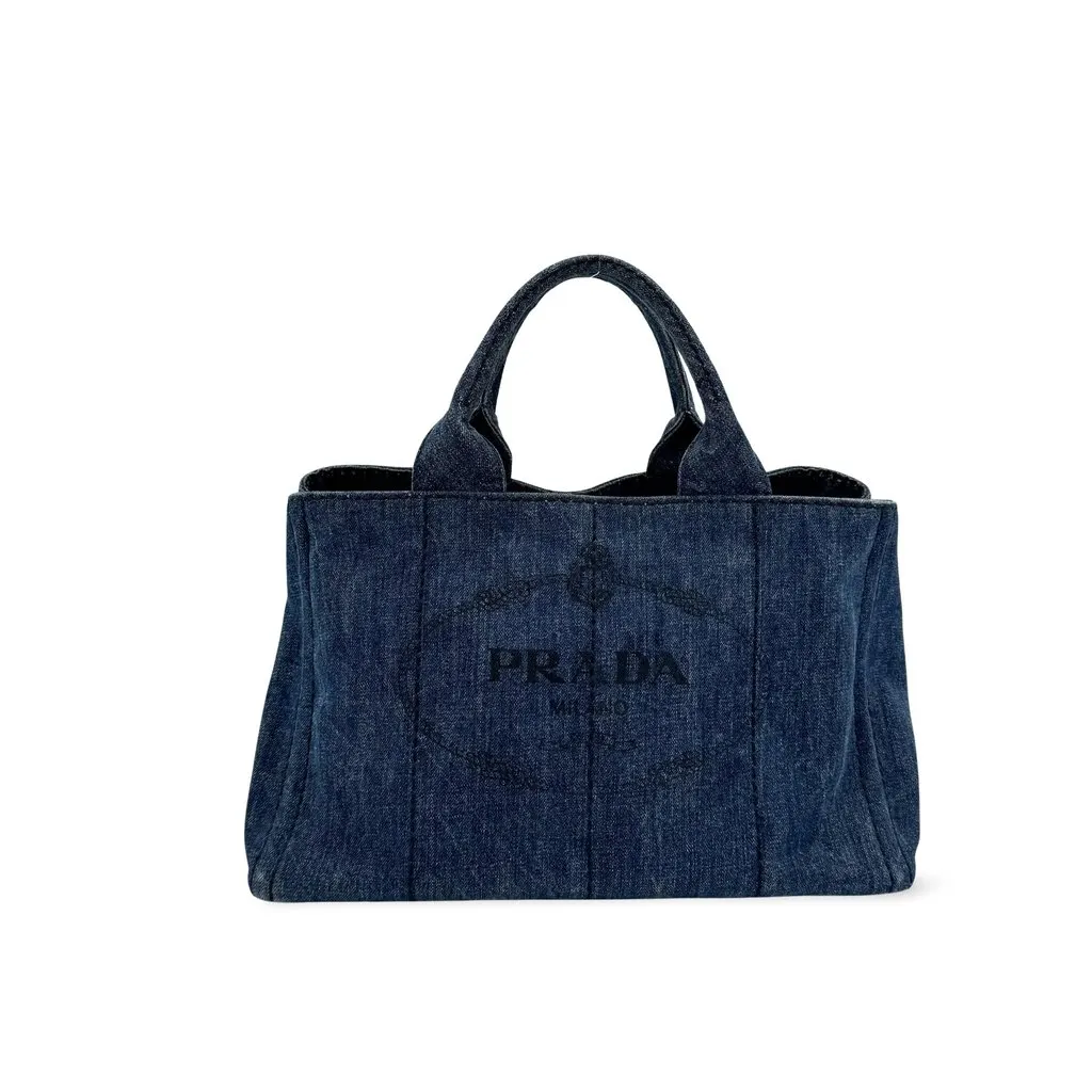Prada Canapa Denim Tote Bag Blue Blue Denim Good - Front View