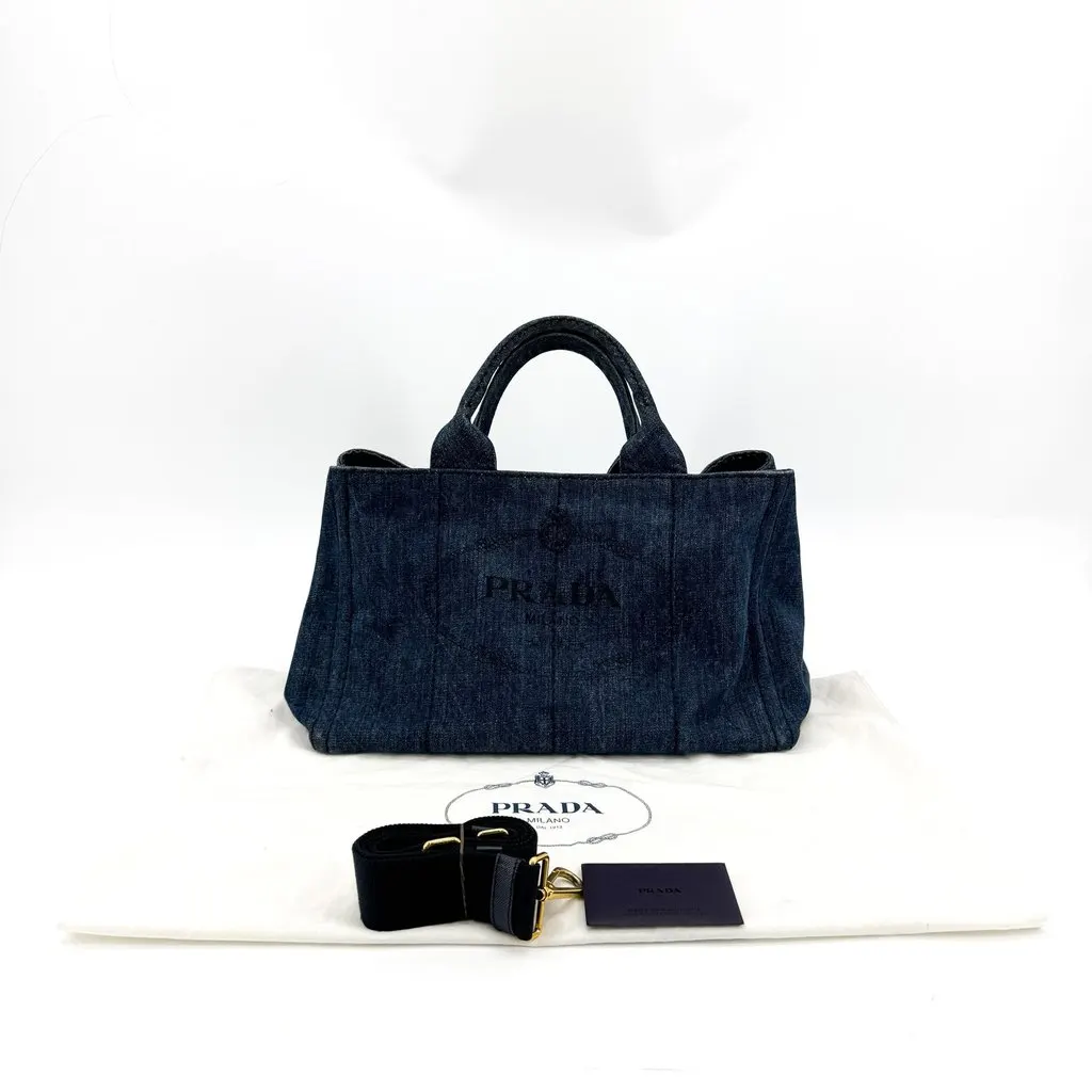 Prada Canapa Denim Tote Bag Blue Blue Denim Good - Back View