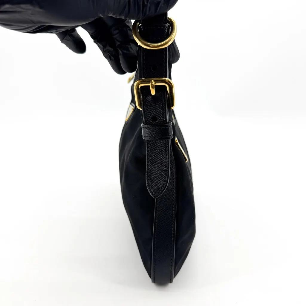 Prada Re-Nylon Tessuto Shoulder Bag Black Gold Black Polyamide Fair - Model View