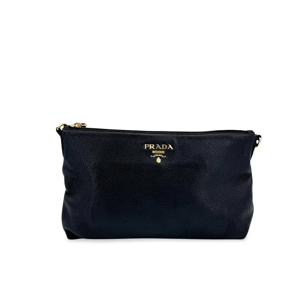 Prada Vitello Phenix Leather Pouch Black Black Leather Good - Front View