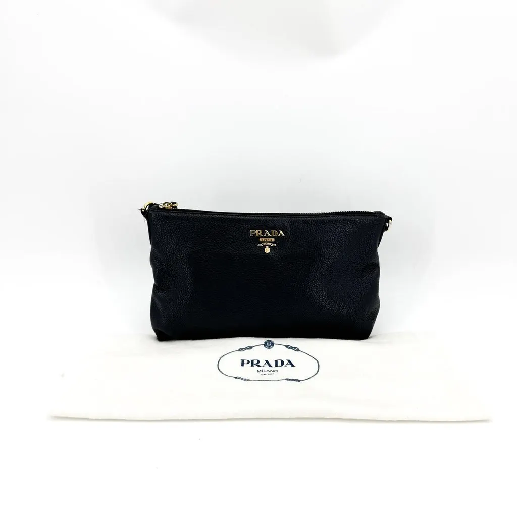 Prada Vitello Phenix Leather Pouch Black Black Leather Good - Back View