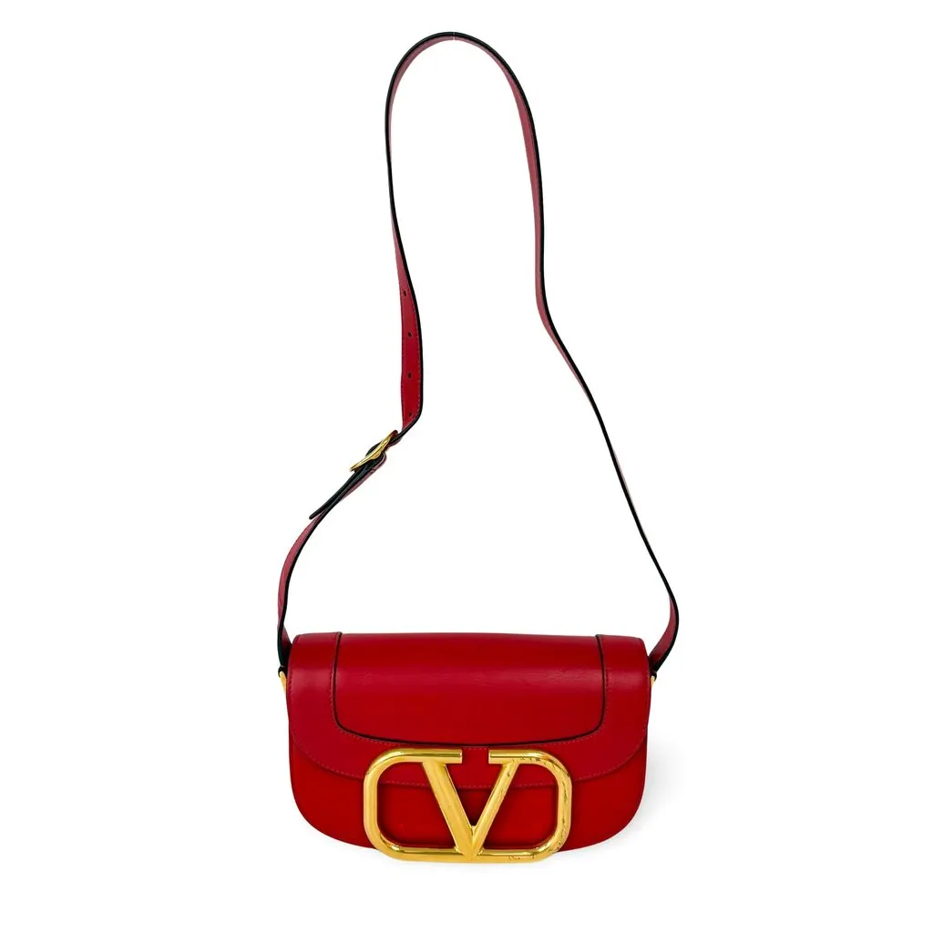 Valentino V-Ring Superbee Crossbody Bag Red Gold Leather Fair - Front View