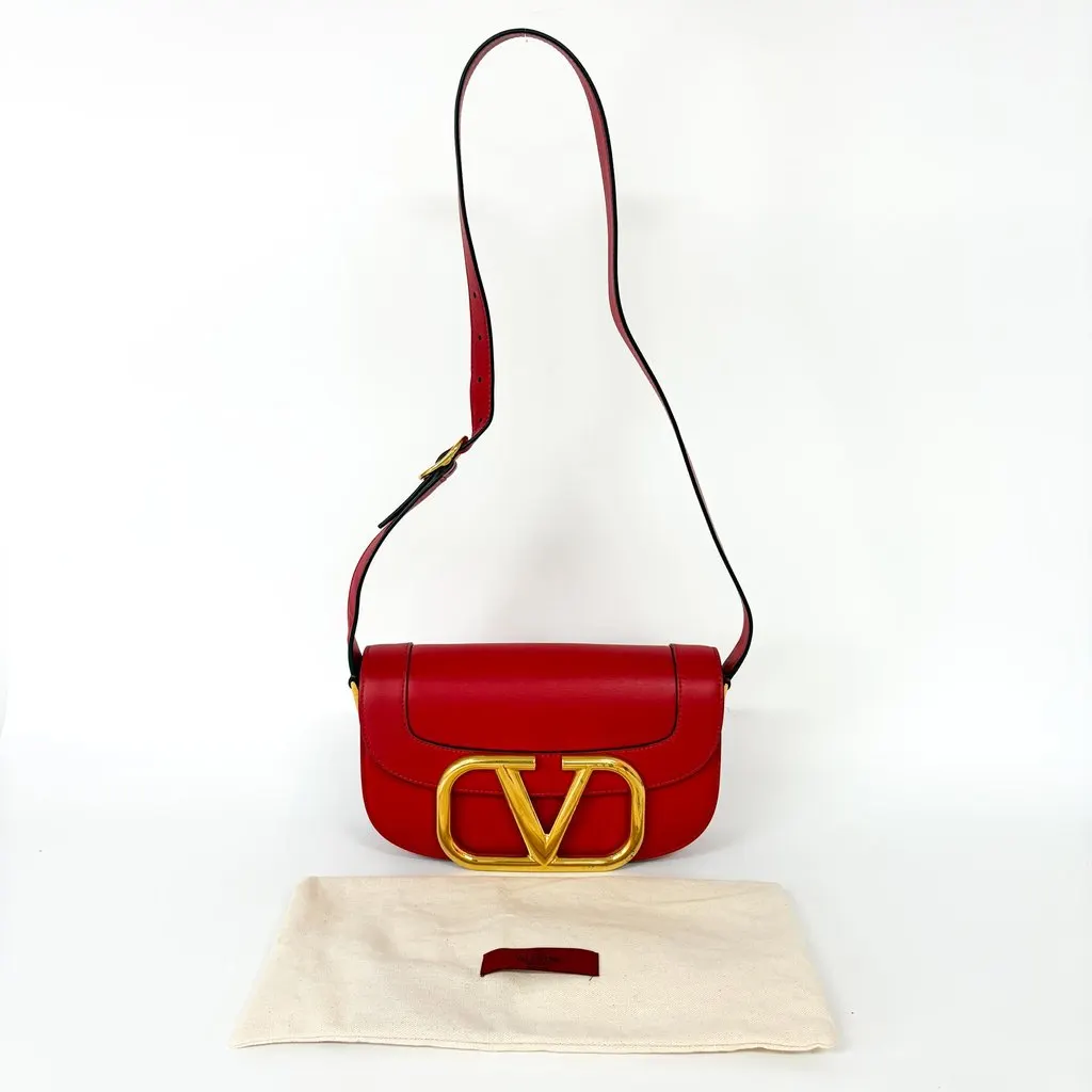 Valentino V-Ring Superbee Crossbody Bag Red Gold Leather Fair - Back View