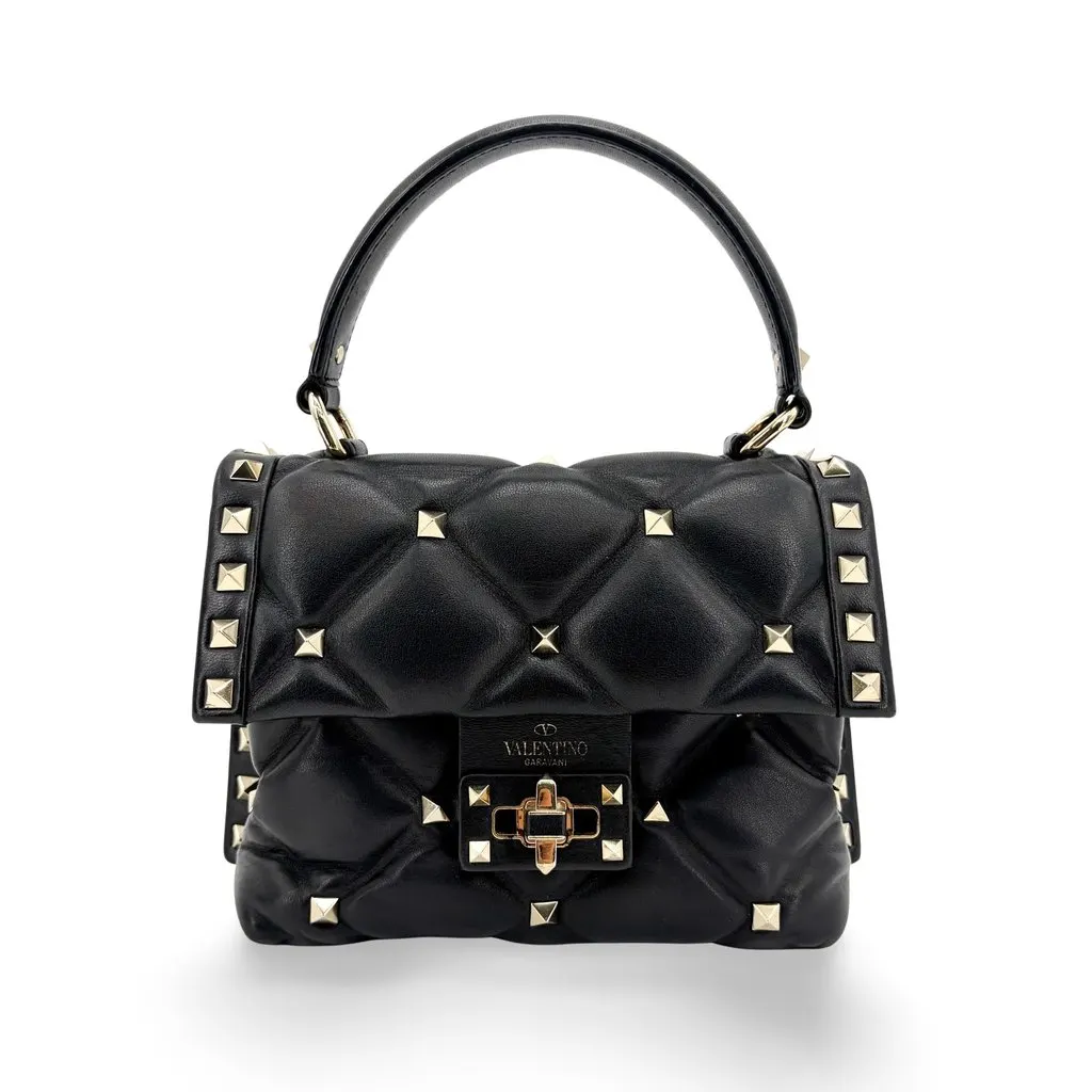 Valentino Garavani Rockstud Spike Small Top Handle Bag Black Black Leather Good - Front View