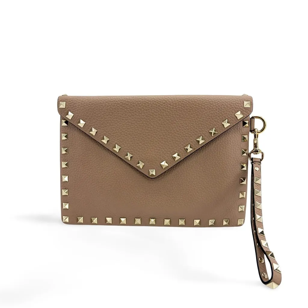 Valentino Garavani Rockstud Grain Calfskin Pouch Foodre Beige Leather Good - Front View