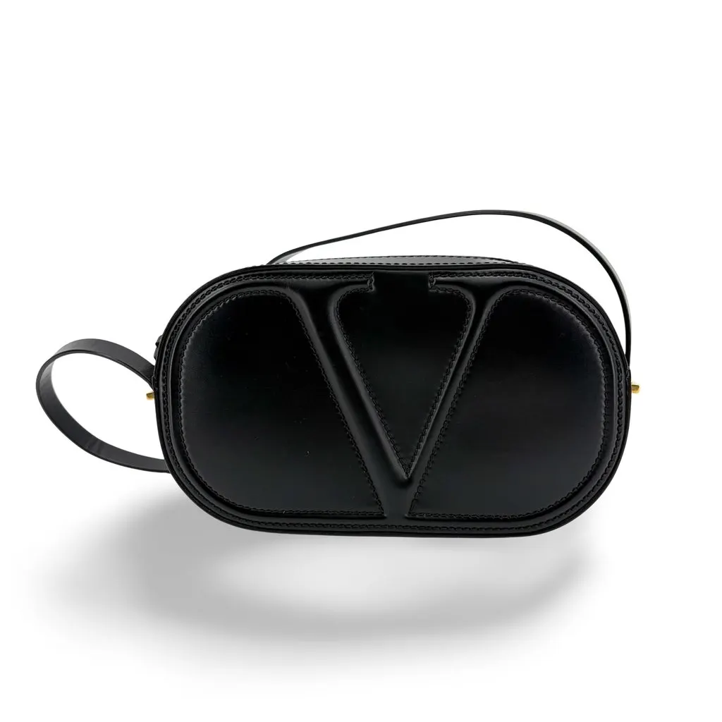 Valentino Garavani V-Logo Signature Oval Leather Shoulder Bag Black Black Leather Very good - Front View