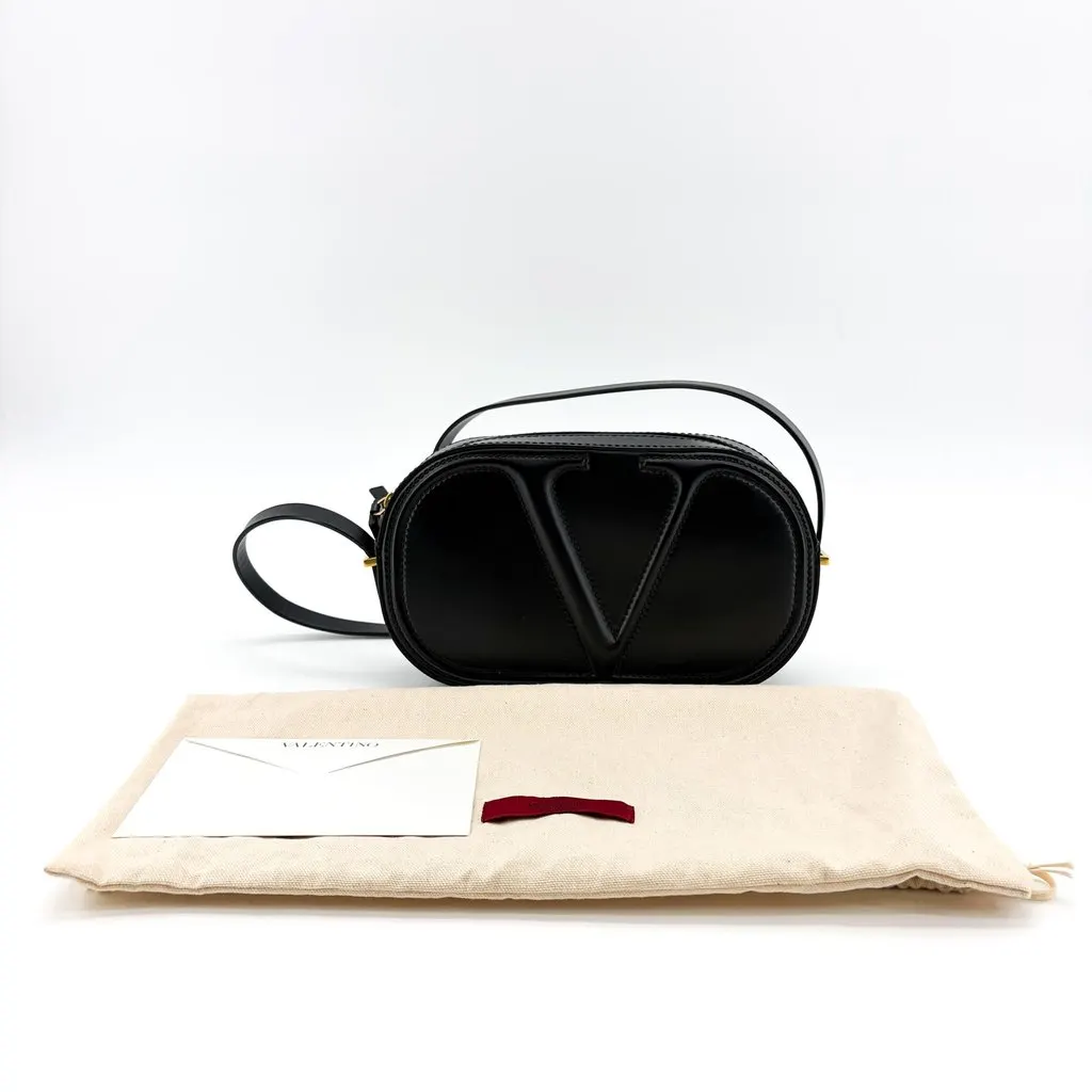 Valentino Garavani V-Logo Signature Oval Leather Shoulder Bag Black Black Leather Very good - Back View