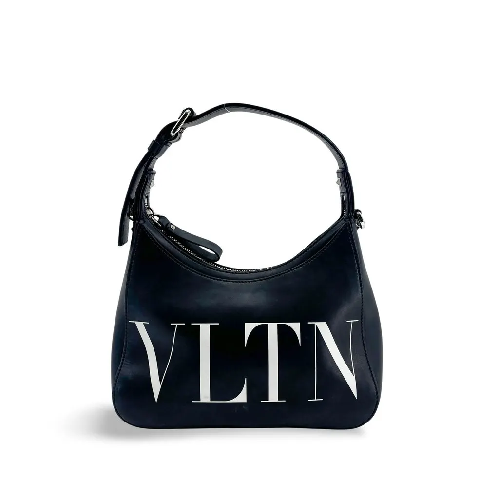 Valentino Garavani VLTN Leather Hobo Bag Black Black Leather Good - Front View