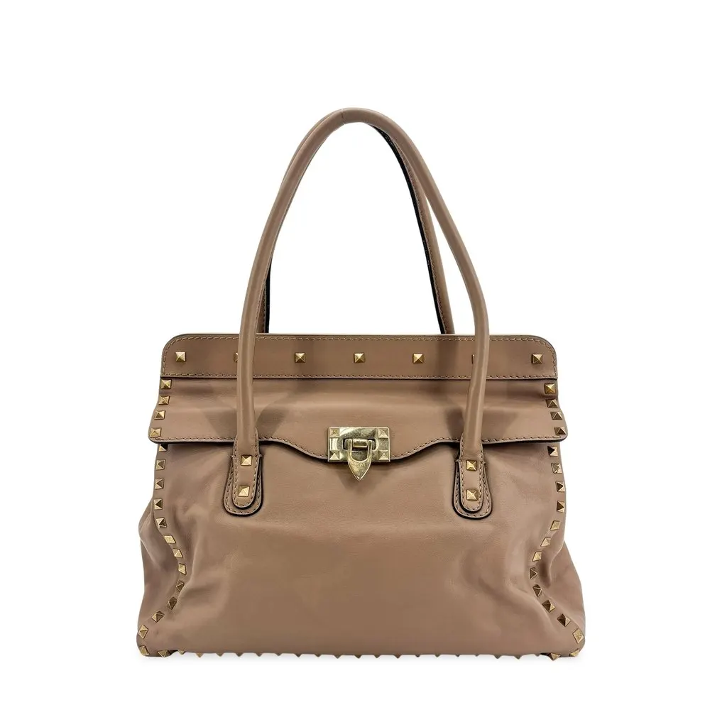 Valentino Garavani Rockstud Double Handle Tote Bag Taupe Beige Beige Leather Good - Front View